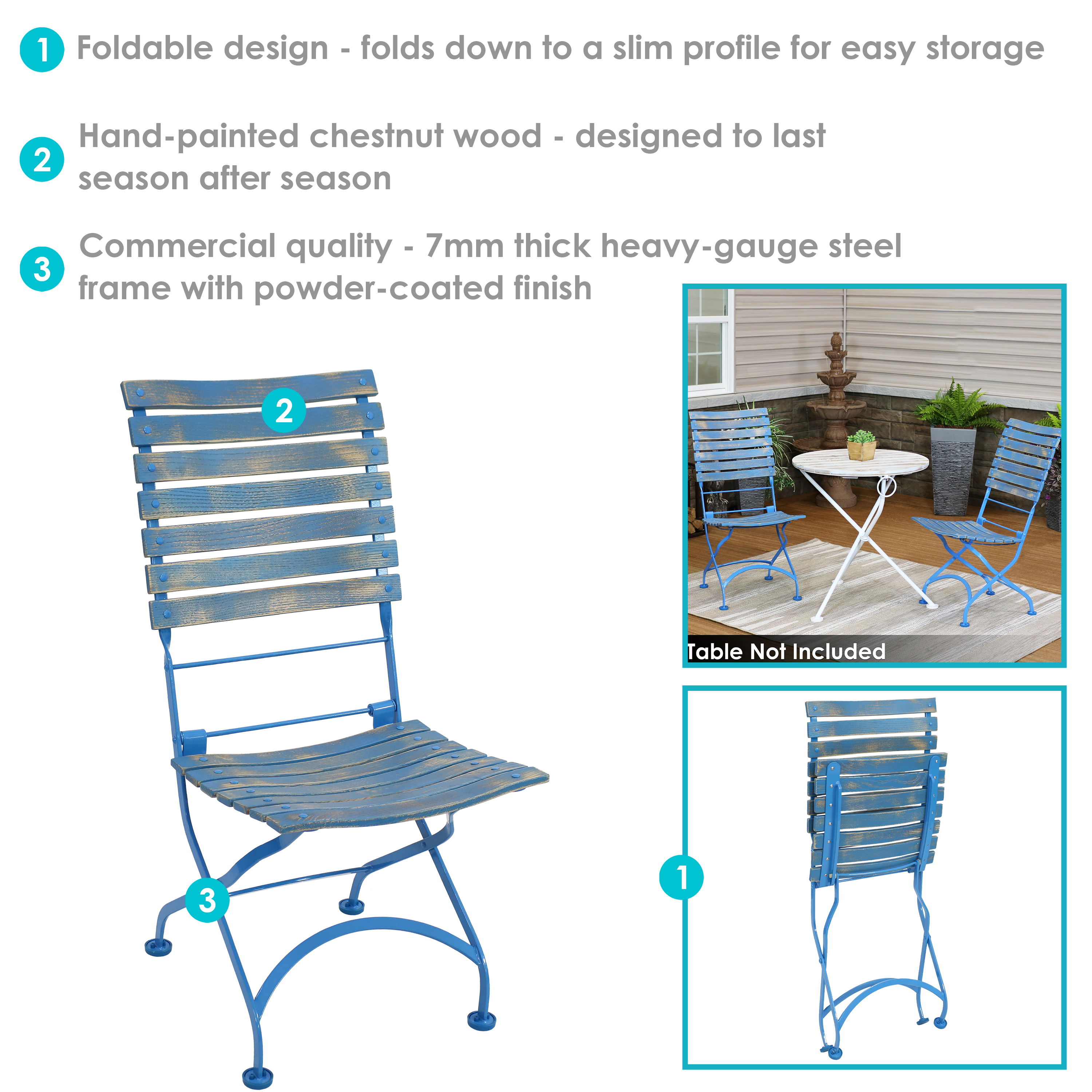 Sunnydaze Cafe Couleur Folding Chestnut Wooden Folding Bistro Chair - Blue - Set of 2 - image 4 of 9