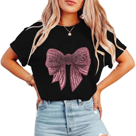 Trendy Bow Graphic Tees Fashion Print T Shirts Short Sleeve Casual Pattern Tops for Daily Outfits Black,XL