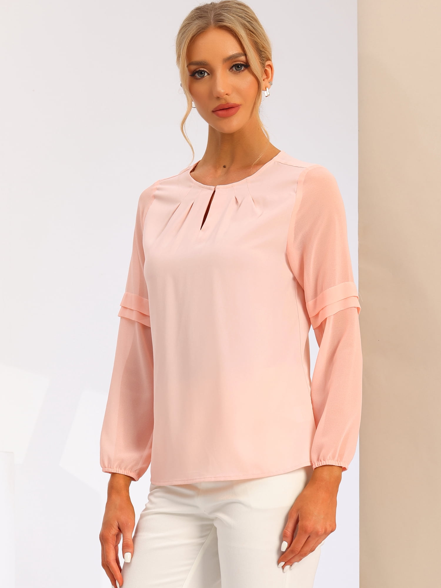 DARING DIVA Chiffon Semi Sheer Long Sleeves Keyhole Neck Blouse XL Light Pink