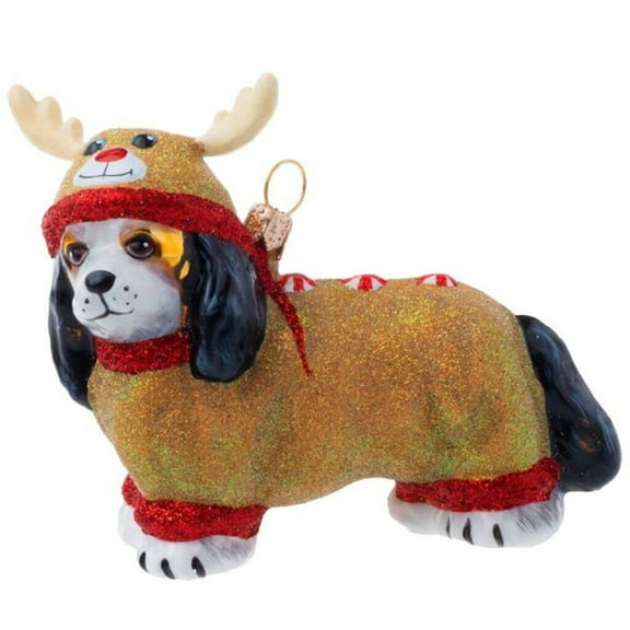 Joy To The World Tri Color Cavalier King Charles in Reindeer Pajamas Ornament