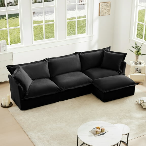 Newest L-Shaped Sectional Sofa Couch,Comfy Chenille Deep Seat Couch, Convertible Ottoman & 2 Big Pillows,Modern Oversized 3 Seater Sofa Set for Living Room Office,Black