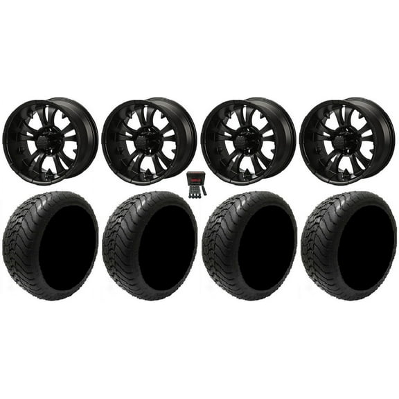 LSI Warlock 14" Golf Cart Wheels Gloss Bk 225x30 Mamba Tires E-Z-GO & Club Car