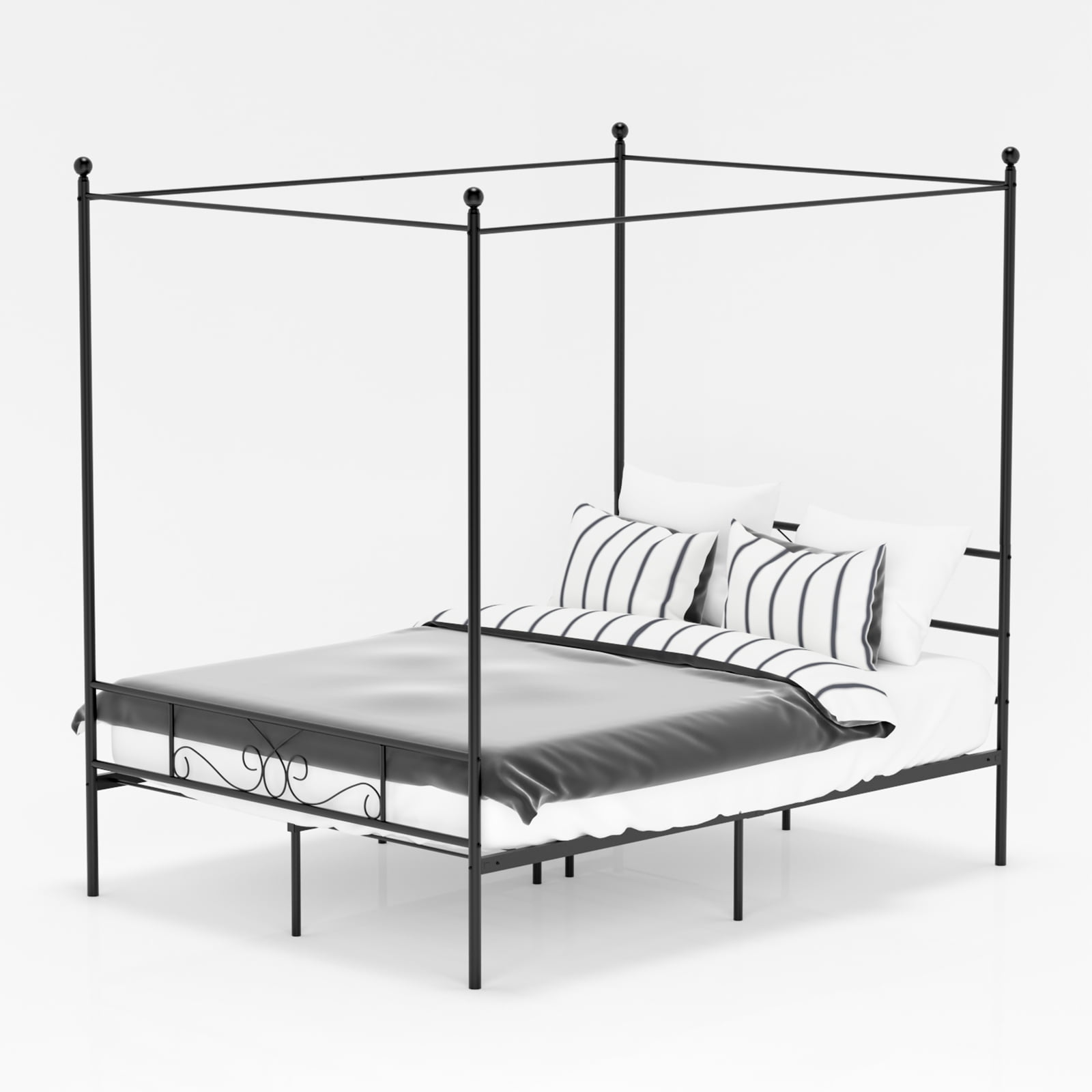 Teraves 4Post Metal Full Canopy Bed Frame with Ball Design, Slats, Headboard and Footboard