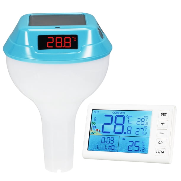 Yuarrent Termómetro flotante inalámbrico inteligente para piscina con luz ambiental RGB y medidor digital de temperatura del agua. Deportes acuáticos cian