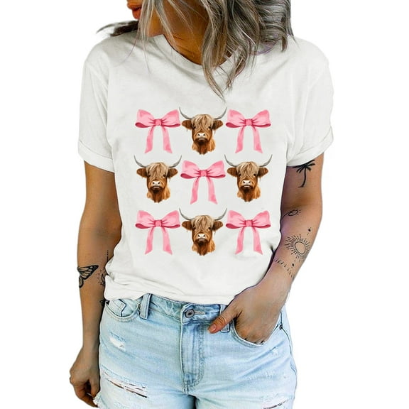 Women's White Coquette Highland Cow Graphic Tee with Pink Bow | [ZhiHiMeRi] | (US 20-22)2XL