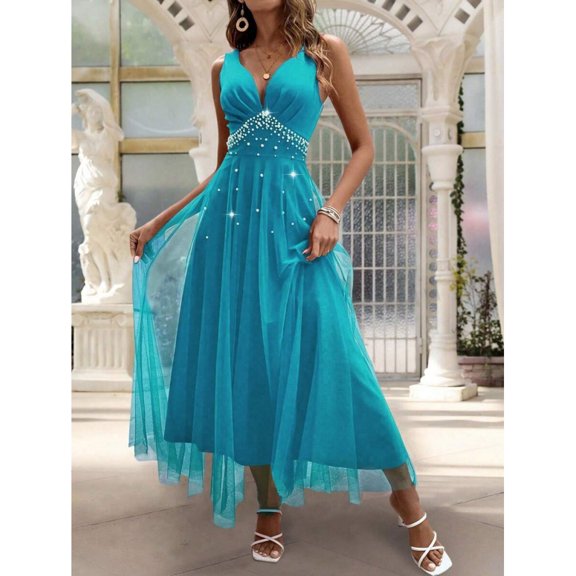 Blue Sleeveless V-Neck Floor-Length Maxi Dress With Faux Pearl Embellishment And Sheer Tulle Hem