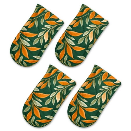 

BaHomeck Pot Handle Holder Covers 4Pcs Pattern Of Green And Orange Leaves On Dark Green Background Non Slip Heat-Resisting Pan Handle Covers For Home Kitchen Baking Cooking BBQ Cookwares 6×3In