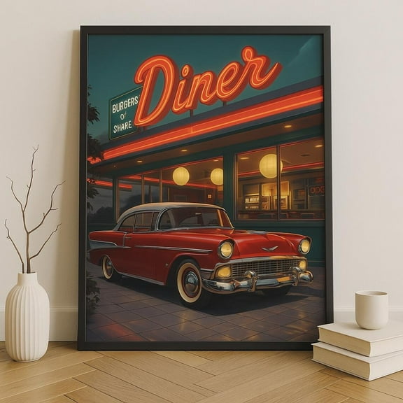 Retro Diner Wall Art Vintage 1950S Car Poster American Classic Car Print Neon Diner Sign Artwork Mid Century Americana Decor Decor For Living Room Bedroom, 8x12 UNFRAMED