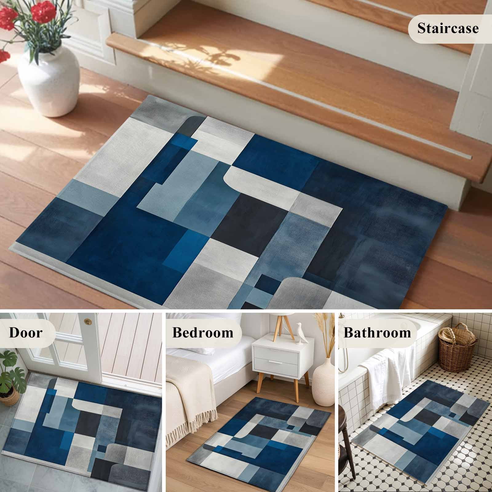 2x3 Ft Entryway Area Rug, Navy Blue Grey Kitchen Rug Runner Washable Floor Mat, Modern Abstract Geometric Vintage Non Slip Indoor Door Mat Throw Carpet for Bathroom Living Room Bedroom