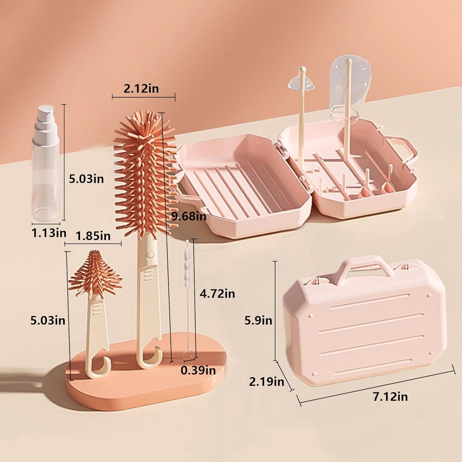 Travel Baby Bottle Cleaner Kit: 6 in 1 Extendable Silicone Baby Bottle Cleaner Brush Set with Drying Rack, Nipple Brush,Straw Brush,Soap Dispenser, Organizer Case, Baby Travel Essential (Pink)