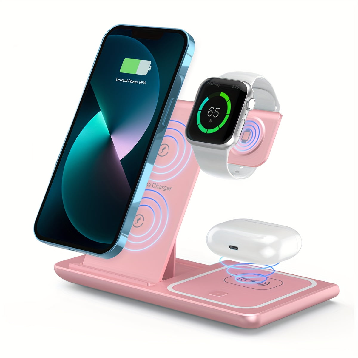 3-in-1 Wireless Charger: Fast Charge for iPhone/Apple Watch/AirPods – Foldable, Pink