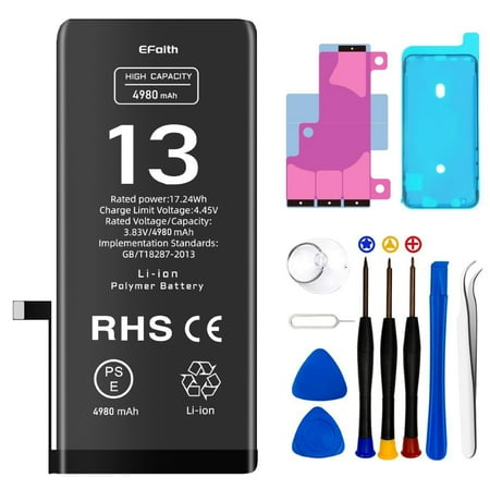 LRSE iPhone 13 Battery Replacement Kit, 4980mAh High-Capacity Multi-Cycle Polymer iPhone 13 Lithium-Ion Battery Compatible with Professional Repair Tool Set