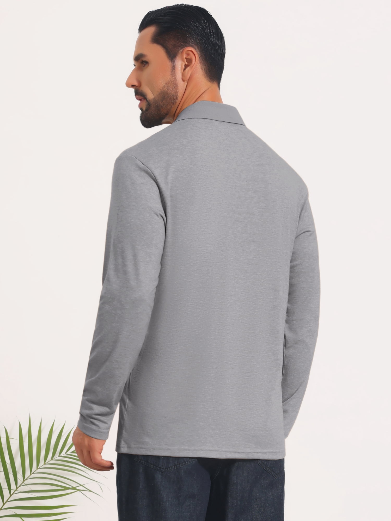 DARING DIVA Men's Contrast Button Collared Long Sleeves Golf Polo T-Shirts S Light Gray