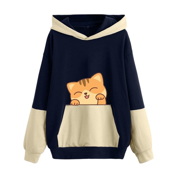 Suéter de otoño e invierno para mujer, con capucha, bonito estampado de mascotas, suéter holgado de gran tamaño con bloques de color Pompotops FGAJ16529