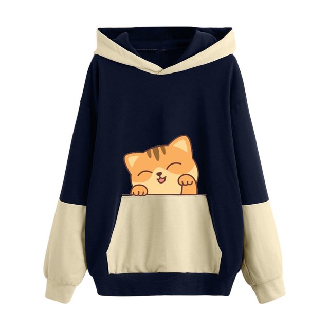 Suéter de otoño e invierno para mujer, con capucha, bonito estampado de mascotas, suéter holgado de gran tamaño con bloques de color Pompotops FGAJ16530