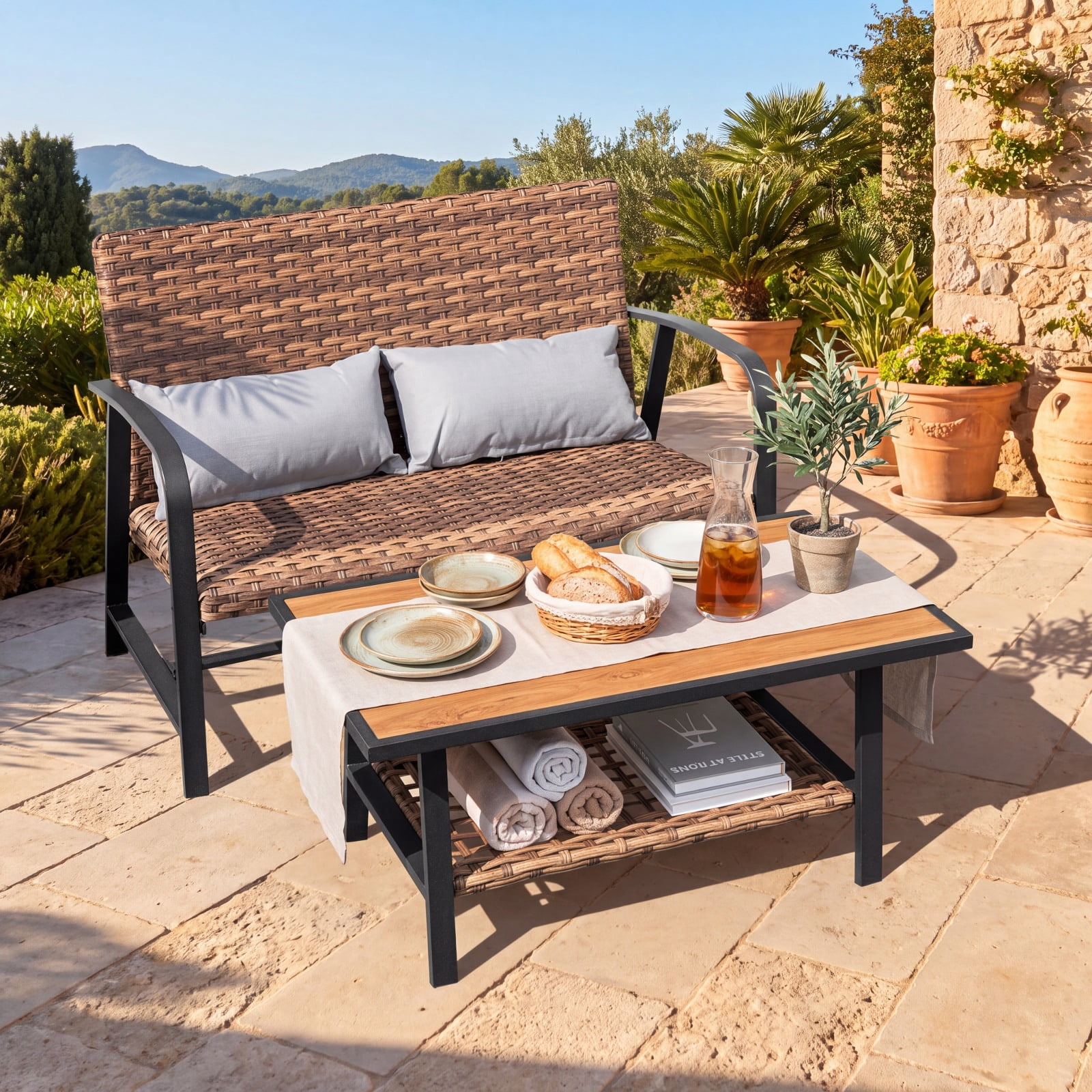 Furnibear 2 Piece Patio Rattan Coffee Table Set with Storage Shelf Quick Dry Cushioned Loveseat and Lumbar Pillows for Garden Backyard, Mix Brown