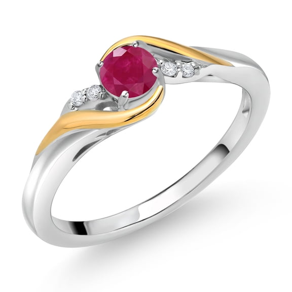 Gem Stone King 925 Sterling Silver and 10K Yellow Gold Round Red Ruby and White Lab Grown Diamond Engagement Ring for Women (0.38 Cttw, Gemstone Birthstone, Size 5)
