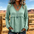 thumbnail image 2 of Women's Plus Size Long Sleeved V Neck T Shirts Causal Loose Fit Solid Tops Ladies Fall Ruffle Hem Going out Tees Green02 S, 2 of 5