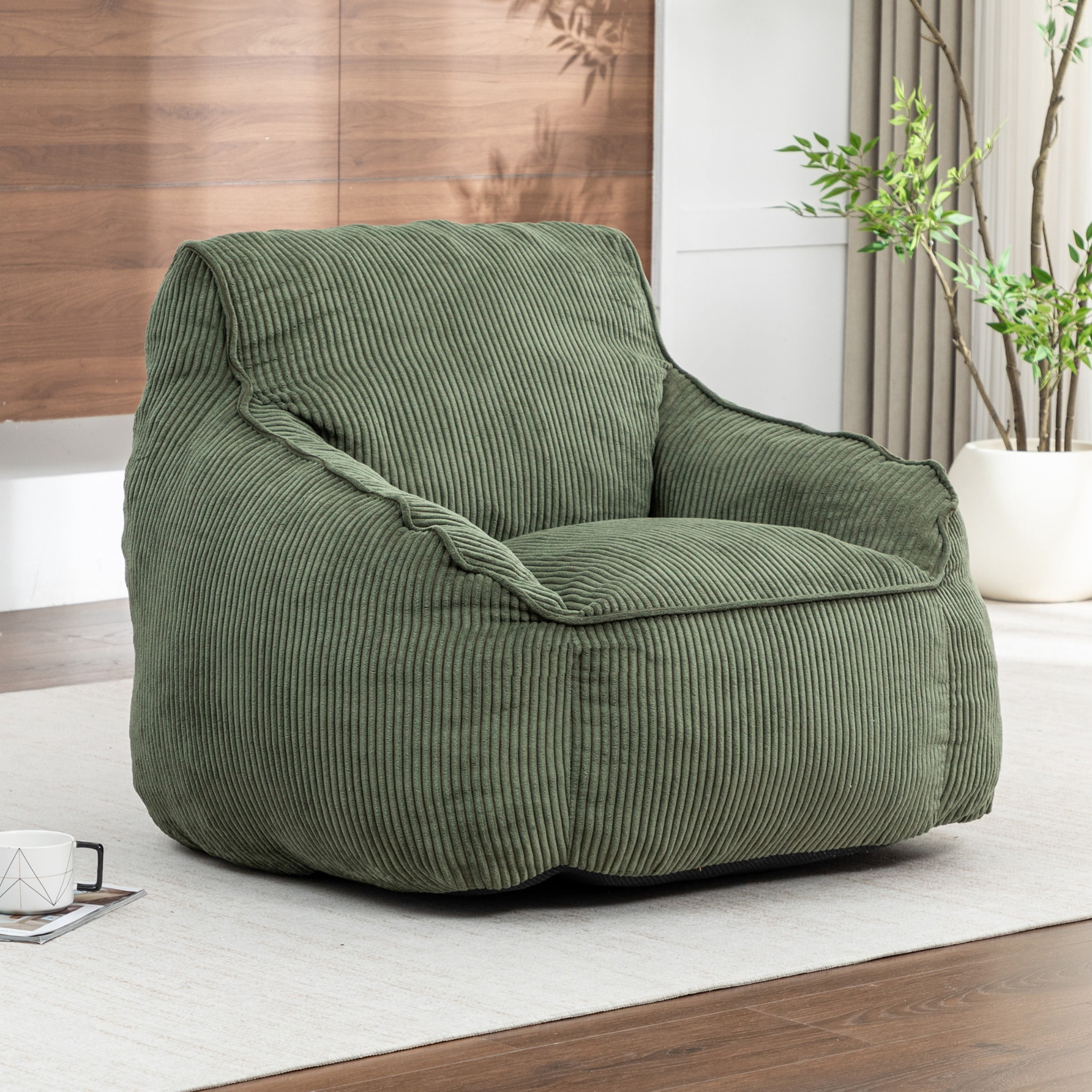 Giant Bean Bag Chair Sofa for Adults, Corduroy Bean Bag Couch with Armrests and Filler Included, Lazy Floor Chair for Living Room Bedroom, Green