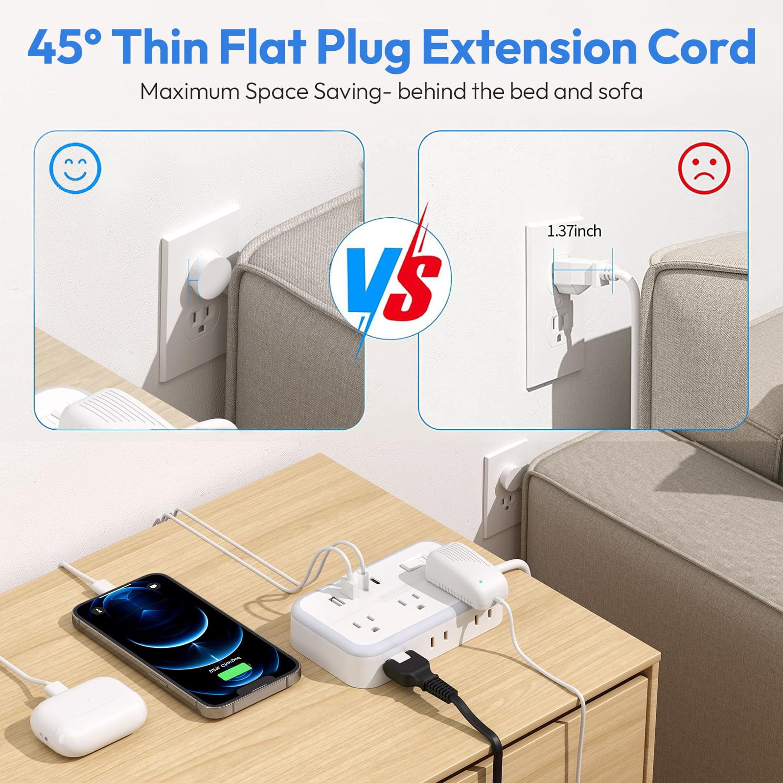 Surge Protector Power Strip With 6 Outlets 4 Usb Port  5 Ft Flat Plug Extension Cord Outlet Extender White Multiple For Indoor Home Office Supplies Dorm Room
