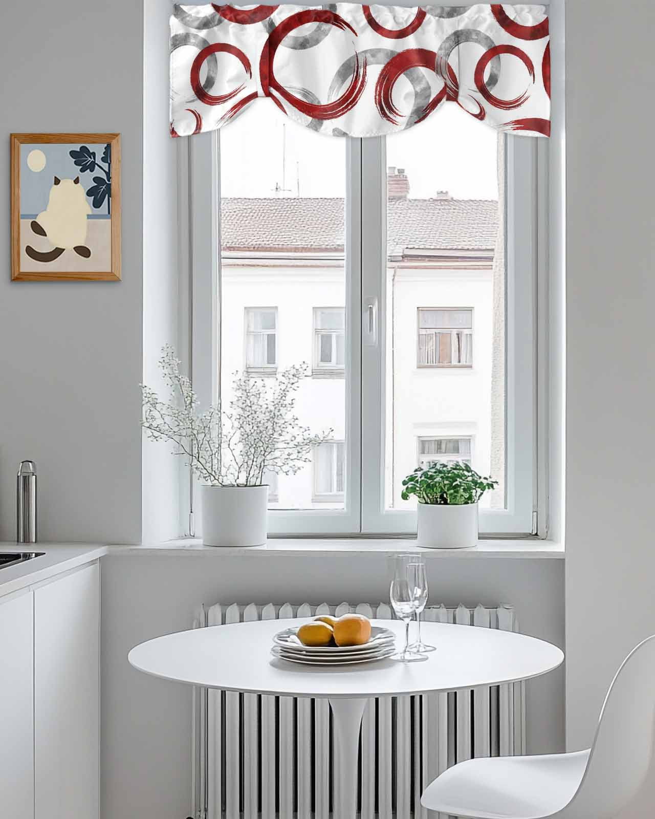Vintage Red Gray Circle Lines Tie Up Valances Curtain, Adjustable Kitchen Abstract Art White Background Valances for Windows Decor, Rod Pocket Short Curtains Set for Bedroom/Bathroom, 54"x18"