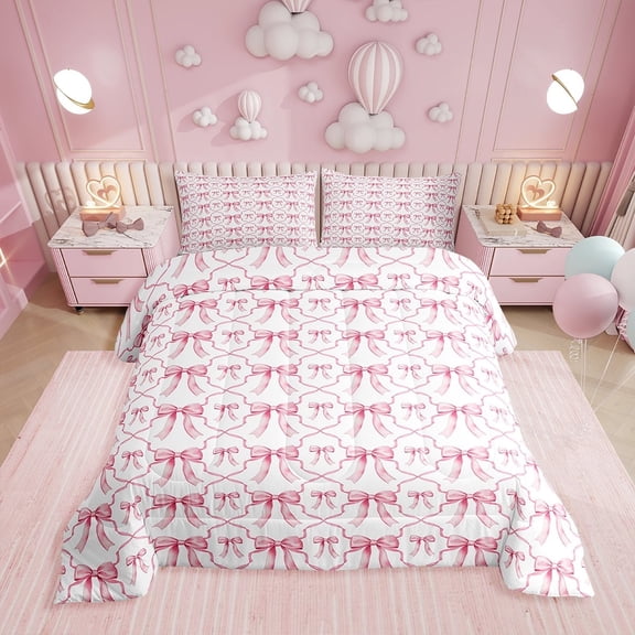 Cute Bow Bedding Set Pink Kawaii Bowknot King Down Comforter Watercolor Bow Tie Patchwork Pink White Comforter Sets Geometric Check Bow Duvet Insert