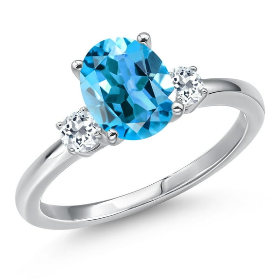 Gem Stone King 14K White Gold Swiss Blue Topaz and White Topaz Engagement Ring for Women | 2.53 Cttw | Oval 9X7MM | Gemstone November Birthstone | Size 6