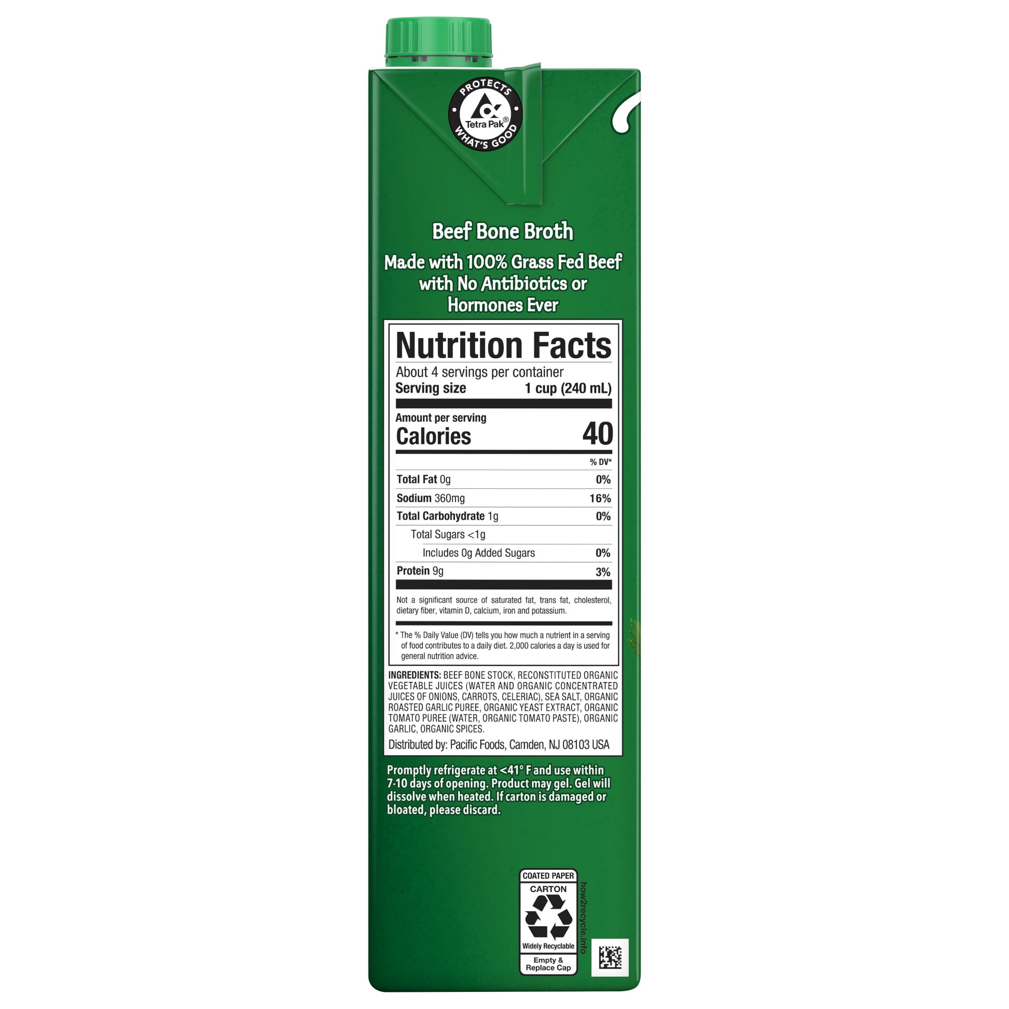 Pacific Foods Grass Fed Beef Bone Broth, 32 oz Carton