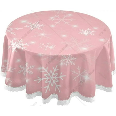 

Pink Snowflakes White Round Tablecloth Washable Christmas Circular Polyester 60 Inch Lace Tablecloth for Kitchen Decoration