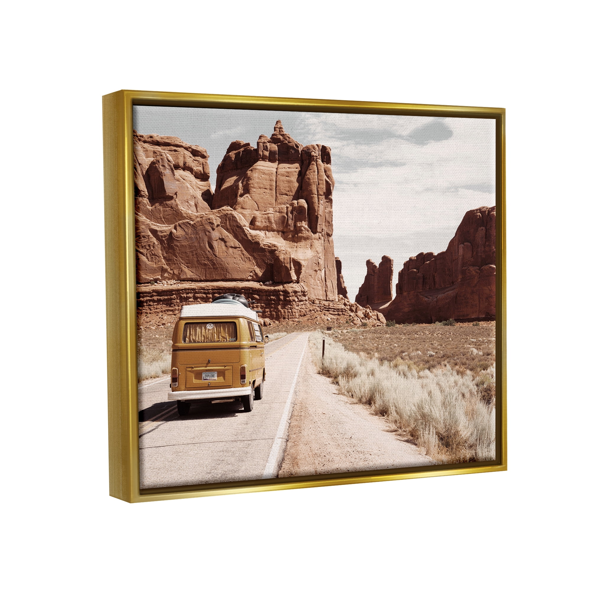 Stupell Industries Desert Cliffs Road Trip Van Transportation Photography Gold Floater Framed Art Print Wall Art