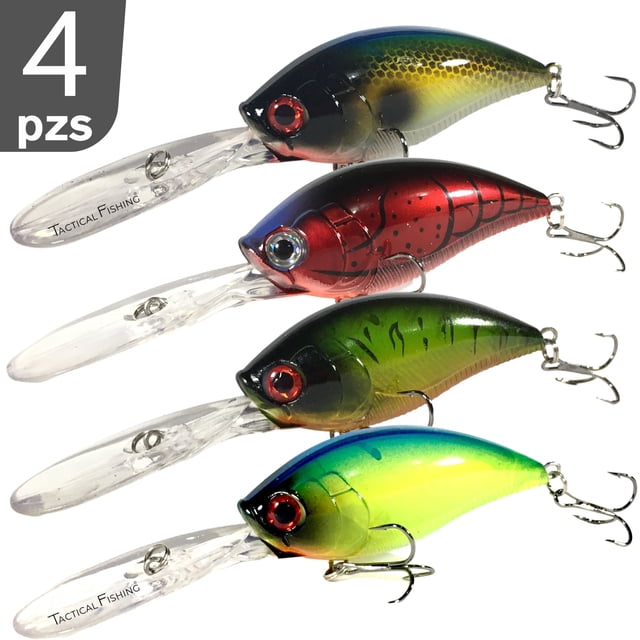 kit de curricanes tactical fishing 4 piezas 12.5cm 20.5g para pesca profunda pack de 4 señuelos de nado profundo con paleta larga y ojo 3D. Cuerpo plástico ABS multicolor con lámina reflectante interior, esferas sonoras internas y triple anzuelos; aptos para agua dulce y salada y usados para lobina, róbalo y más; suelen emplearse también para practicar lance y organización en cajas de señuelos.