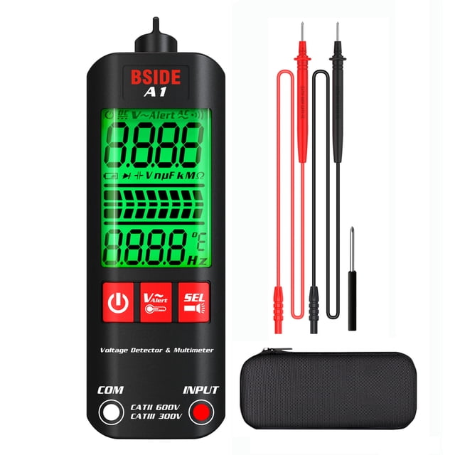 BSIDE A1 Multimètre LCD Testeur Numérique Tension 2000 Comptes DCAC Tension Fréquence Résistance NCV Continuité Fil sous Tension Fil Neutre Vérification Vrai RMS Mètre avec Étui de Rangement à Fermeture Éclair