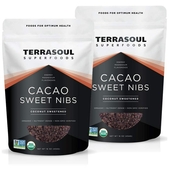 Terrasoul Superfoods Organic Sweet Cacao Nibs, 2 Lbs (1 Lb 2-Pack) - Coconut Sugar Sweetened | Antioxidants | Magnesium
