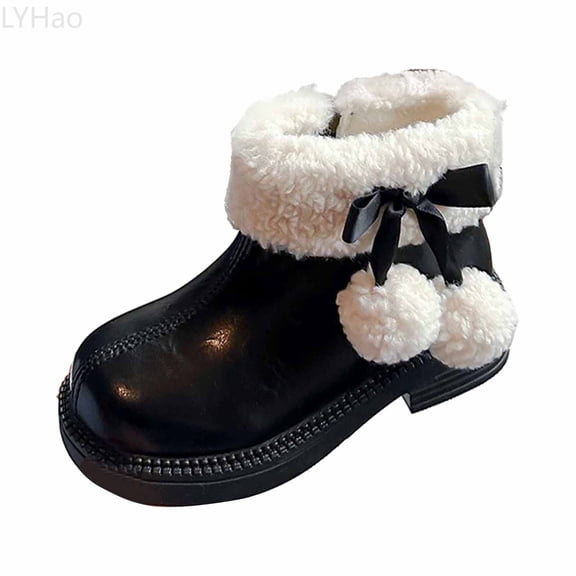 LYHao Girls Winter Boots For Kids With Bow And Pom Poms Fashionable Warm Ankle Booties For Autumn And Winter Wear ,Girls Boots Sizes 10.5 Black(4-4.5 Years)