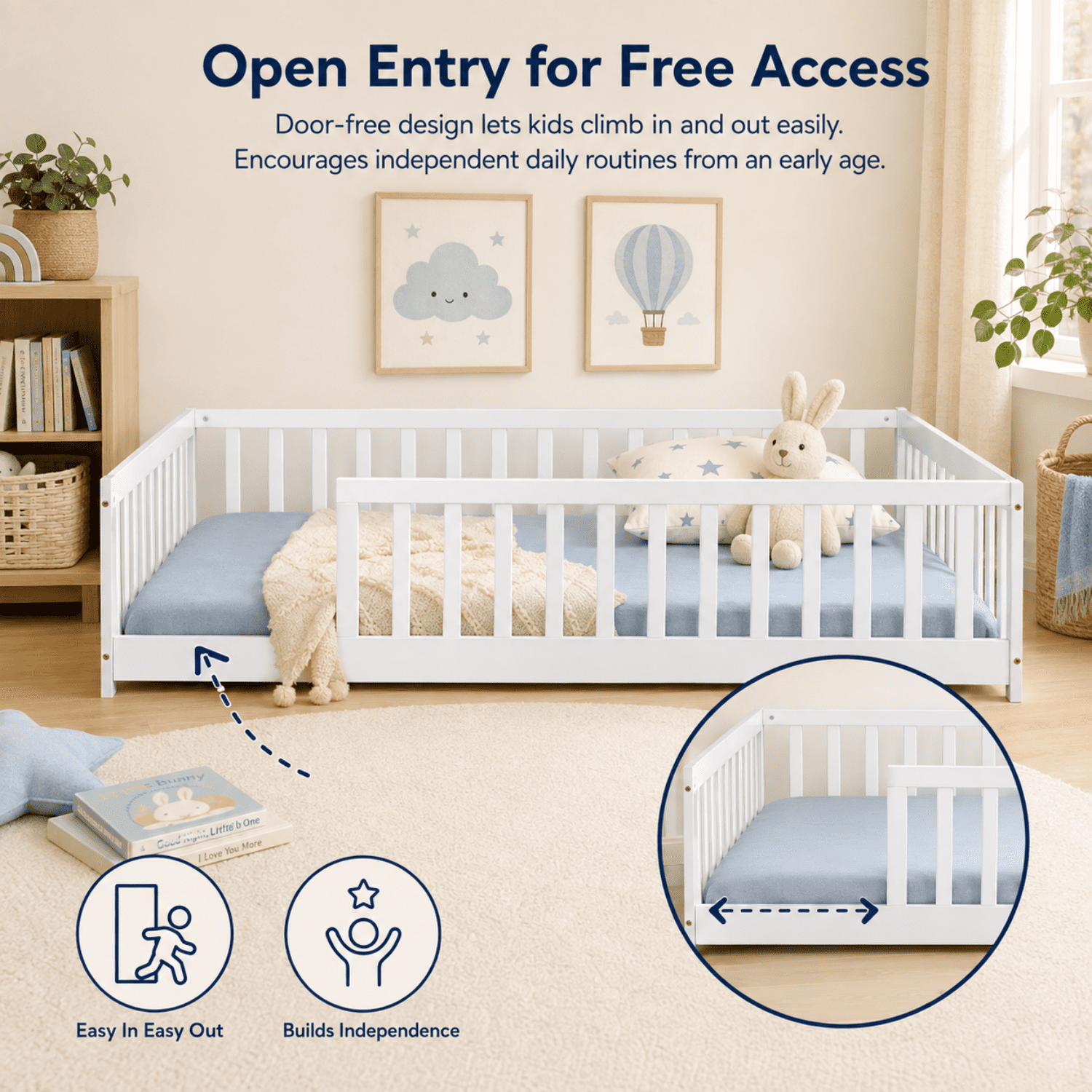Miniyam Full Size Montessori Kids Floor Bed Frame, Wooden Bed with Fence Rails, White