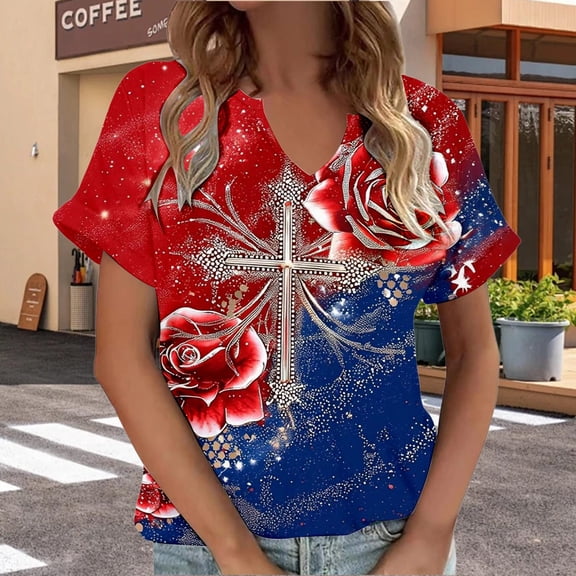 HCYSFG Womens Independence Day V Neck Top oversized Short Sleeve 4th of July Botanical Rose Floral Shirt 250th Anniversary Tee