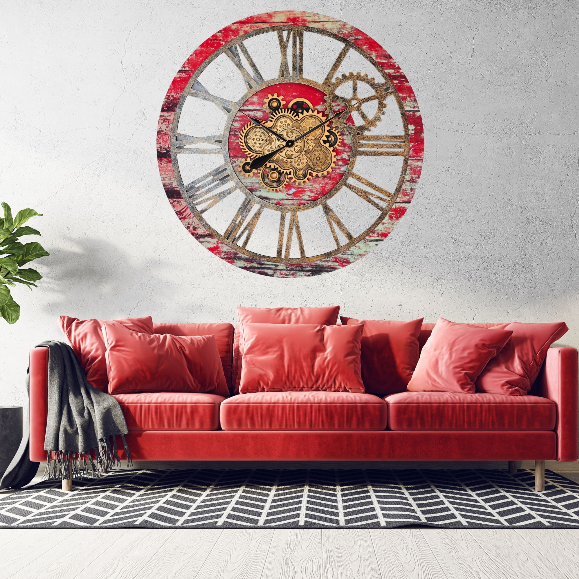 THE GEARS CLOCK Wall Clock with Real Moving Gears AM-LI_ 36 in Round Red-Lava