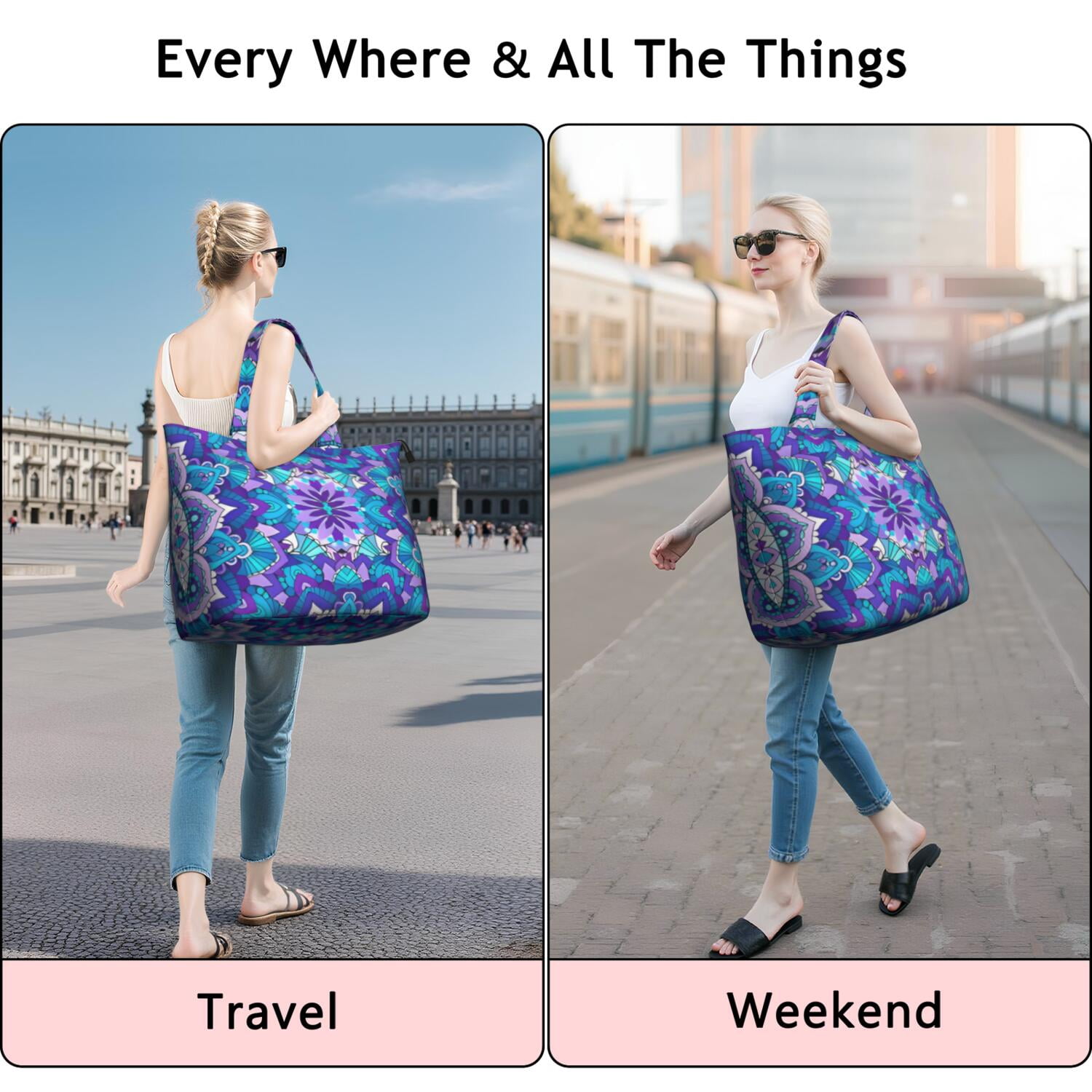 Purple Ethnic Mandala Pattern Travel Tote Bags for Women Carry On,Large Weekender Bags for Women Travel,Multi Functional Duffle Bag for Work,Shopping,Sports