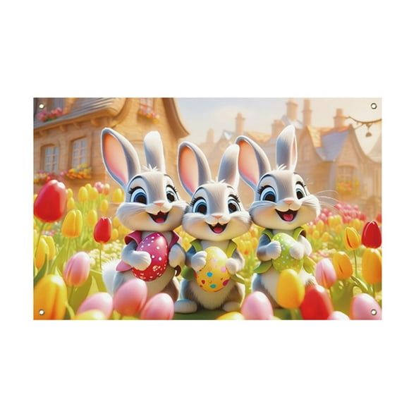 TheFound Easter Bunny Backdrop Bunny Tulip Banner Backdrop Background for Photography Holiday Party Decorations
