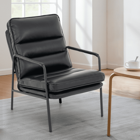 Modern Accent Chair with Armrests, High Back Ergonomic Reading Lounge Chair in Black PU Leather, Thick Padded Seat with Metal Frame and Non-Slip Legs for Living Room, Bedroom, Study