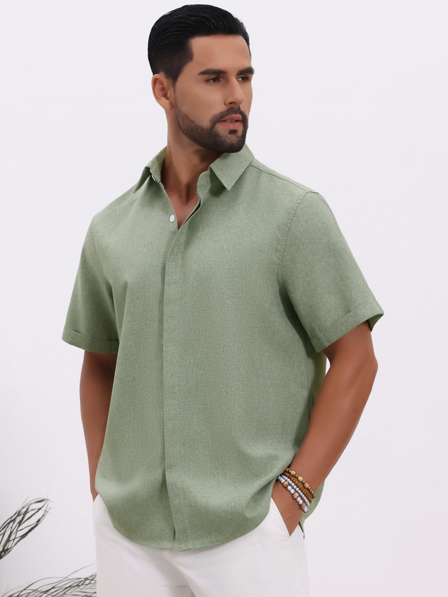 DARING DIVA Men's Solid Summer Short Sleeve Button Down Linen Shirts 2XL Light Green