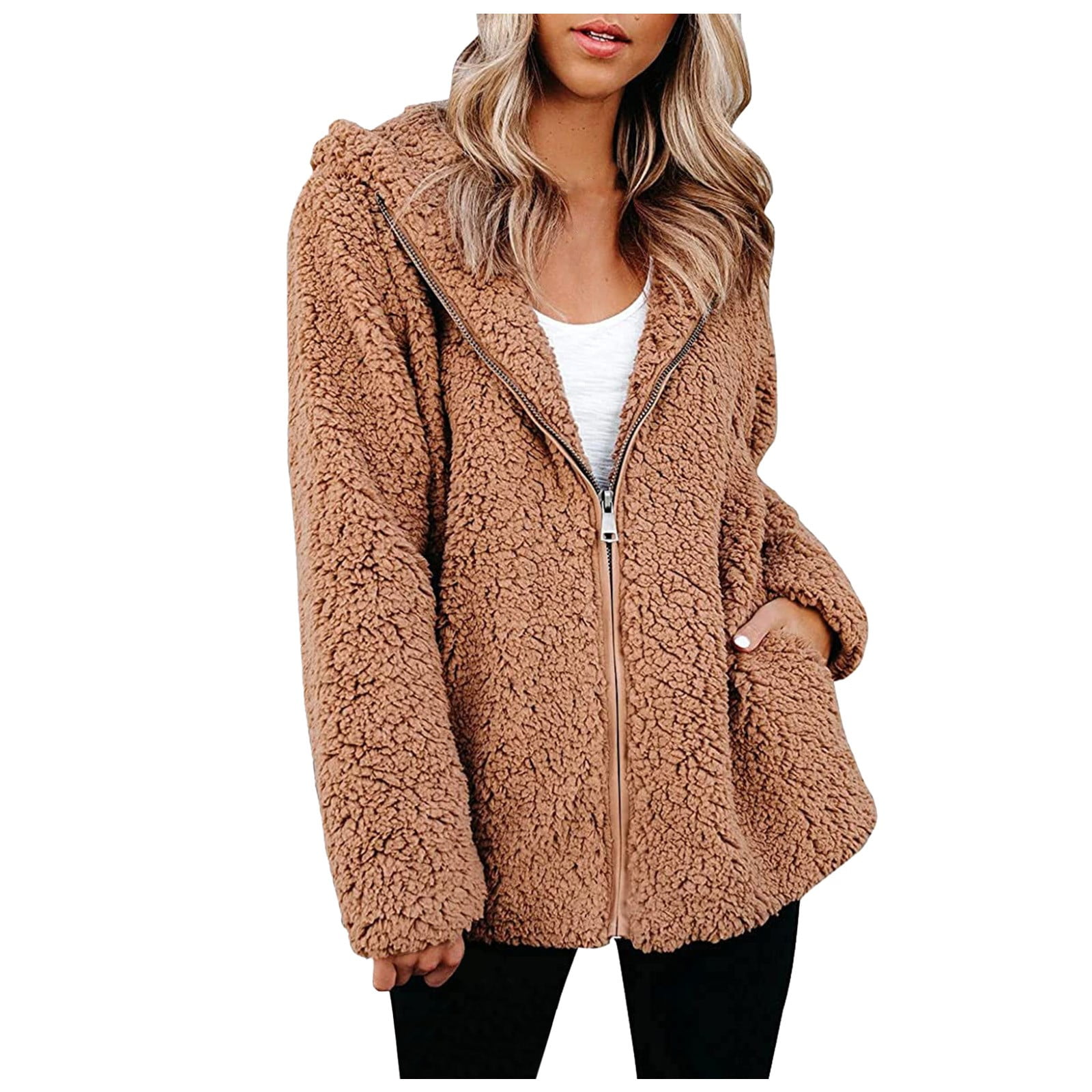 Women Fuzzy Fleece Jacket Trendy Print Oversized Faux Shearling Shaggy Hooded Jacket Coat with Pockets Winter Warm Outwear 