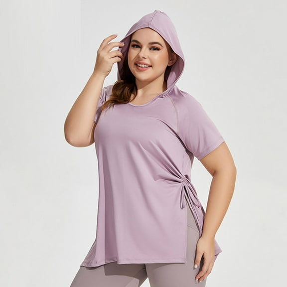 DPTALR George Plus Size Women's Short Sleeve Yoga T-Shirt Tops,Hoodies for Running,Lightweight Sweatshirts with Drawstring,Pink,Size XXL