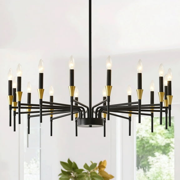 16-Light Black and Gold Chandelier, Adjustable Height Modern Farmhouse Ceiling Light for Dining Room, Kitchen Island, Entryway
