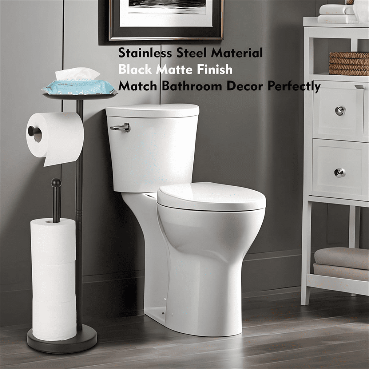 Black Toilet Paper Holder Stand with Shelf, Freestanding Toilet Paper Holder, Heavy Base No Tipping over for Bathroom