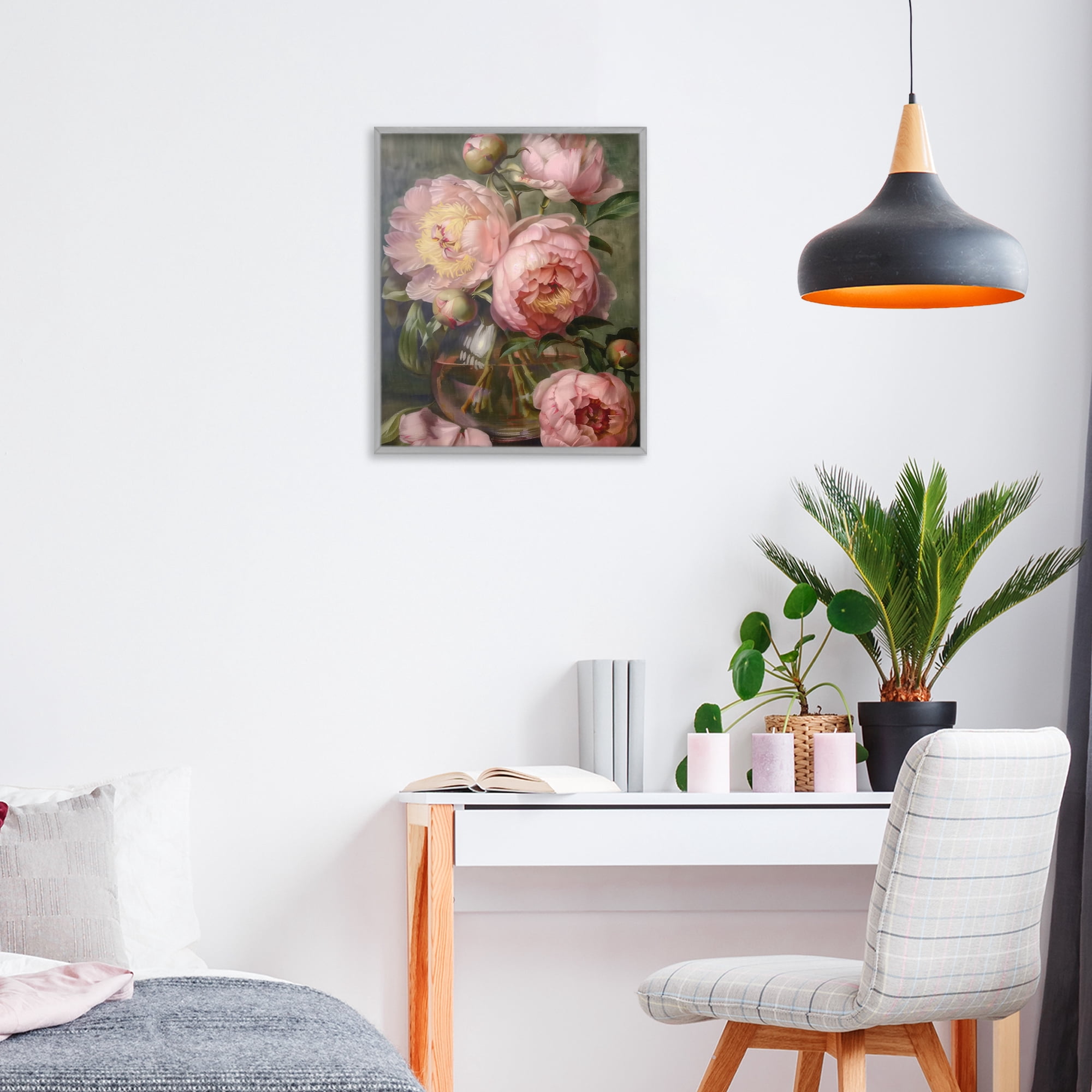 Stupell Industries Pink Peonies in Glass Vase Gray Framed Giclee Art, design by LSR Design Studio