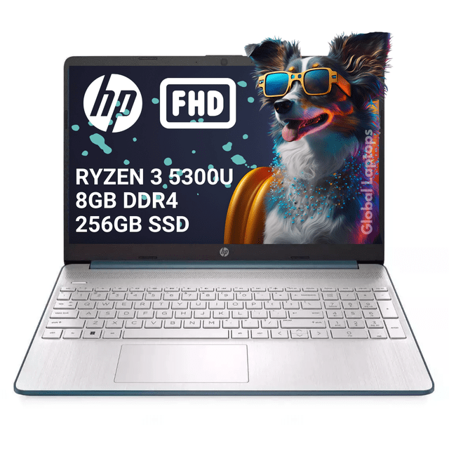 laptop hp 15-ef25 ryzen 3 5300u, 8gb ram, 256 ssd, fhd — Vista frontal centrada de un portátil HP azul de 15.6" (1920 x 1080) con bisel fino y reposamanos plateado; pantalla muestra gráfico con especificaciones visibles (Ryzen 3 5300U, 8GB DDR4, 256GB SSD). A menudo usado como equipo de estudio o trabajo remoto por su tamaño compacto.