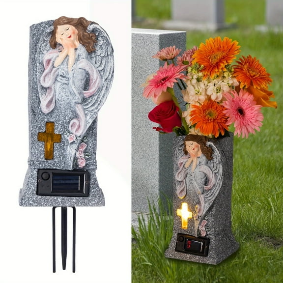 Solar Cemetery Grave Vase with LED for Fresh/Artificial Flowers Headstones Vases with Spikes Gravestone Decor Memorial Gifts for Loss of Loved One