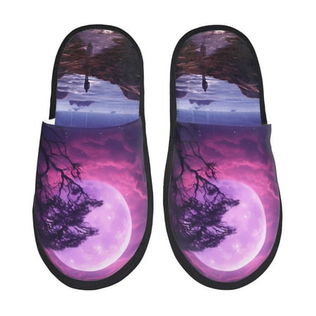 Balery Purple Moon Tree Night Sky Slient Indoor Furry Fleece Comfort House Shoes Soft Non-Slip Home Shoes Cotton slippers House Slippers-- Large