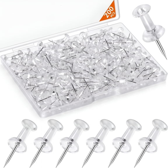 XIBUFE 200 Pcs Clear Push Pins, Thumb Tacks for Wall with Sharp Steel Point, Transparent Plastic Head for Bulletin Board, Corkboard, Map, Calendar, Photo, Home and Office Organization